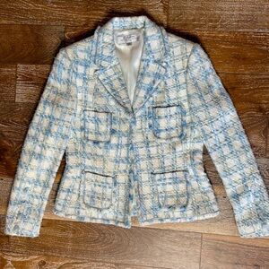 Tahari Arthur S. Levine Pastel Blue and Cream Checked Fringe Tweed Blazer Sz 6P